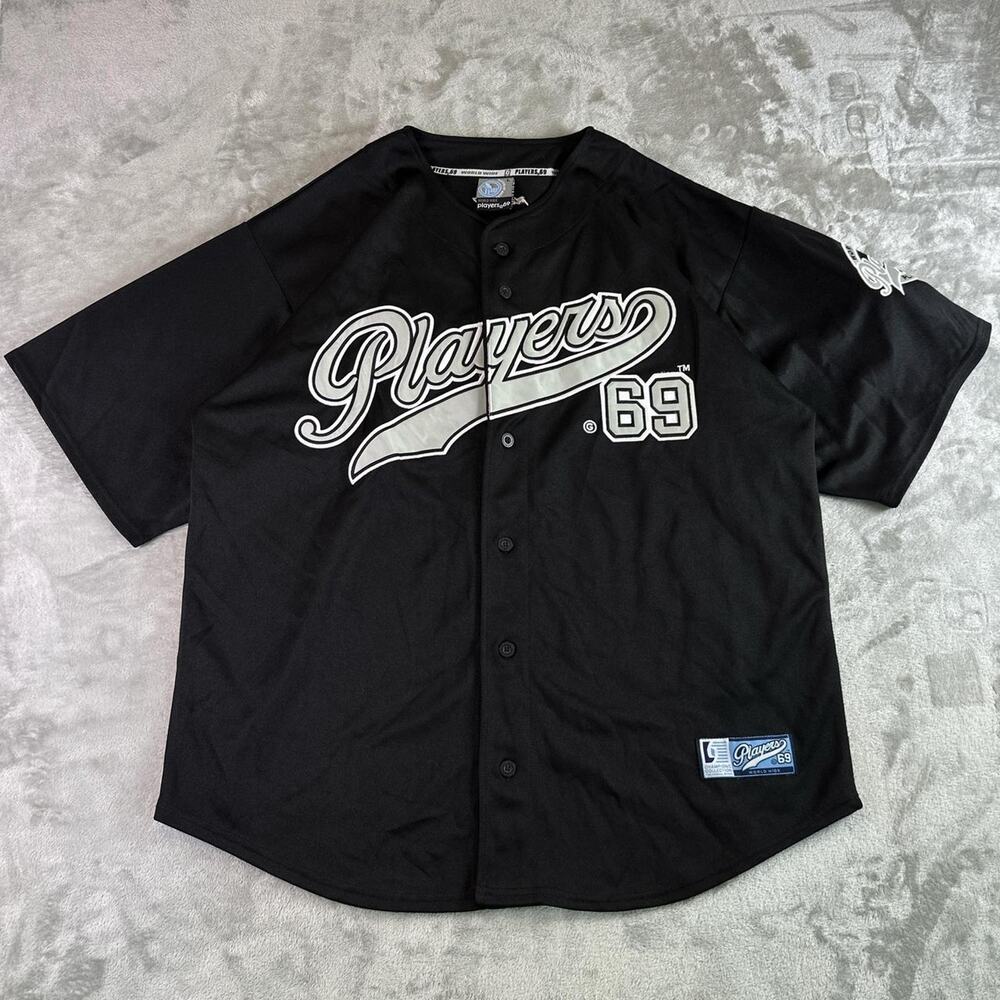 Vintage Y2K Players 69 Black/Gray Button-Up Baseball Jersey Athletic Gym Shirt